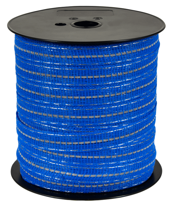 Blauw reflecterend afrasteringslint RANGER TLDmax T20 – 200 meter lang en 20 mm breed, met geïntegreerde reflecterende strips voor betere zichtbaarheid en veiligheid, geschikt voor professioneel gebruik en krachtige schrikdraadapparaten.