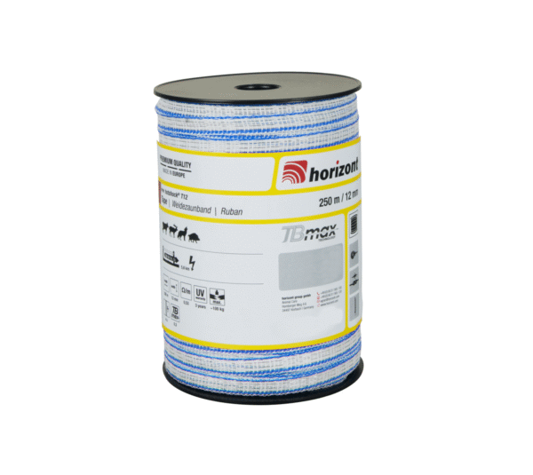 Blauw-wit afrasteringslint hotSHOCK T12 – 12 mm breed, met hoge breekkracht en versterkt geleidermateriaal voor optimale geleiding en zichtbaarheid.